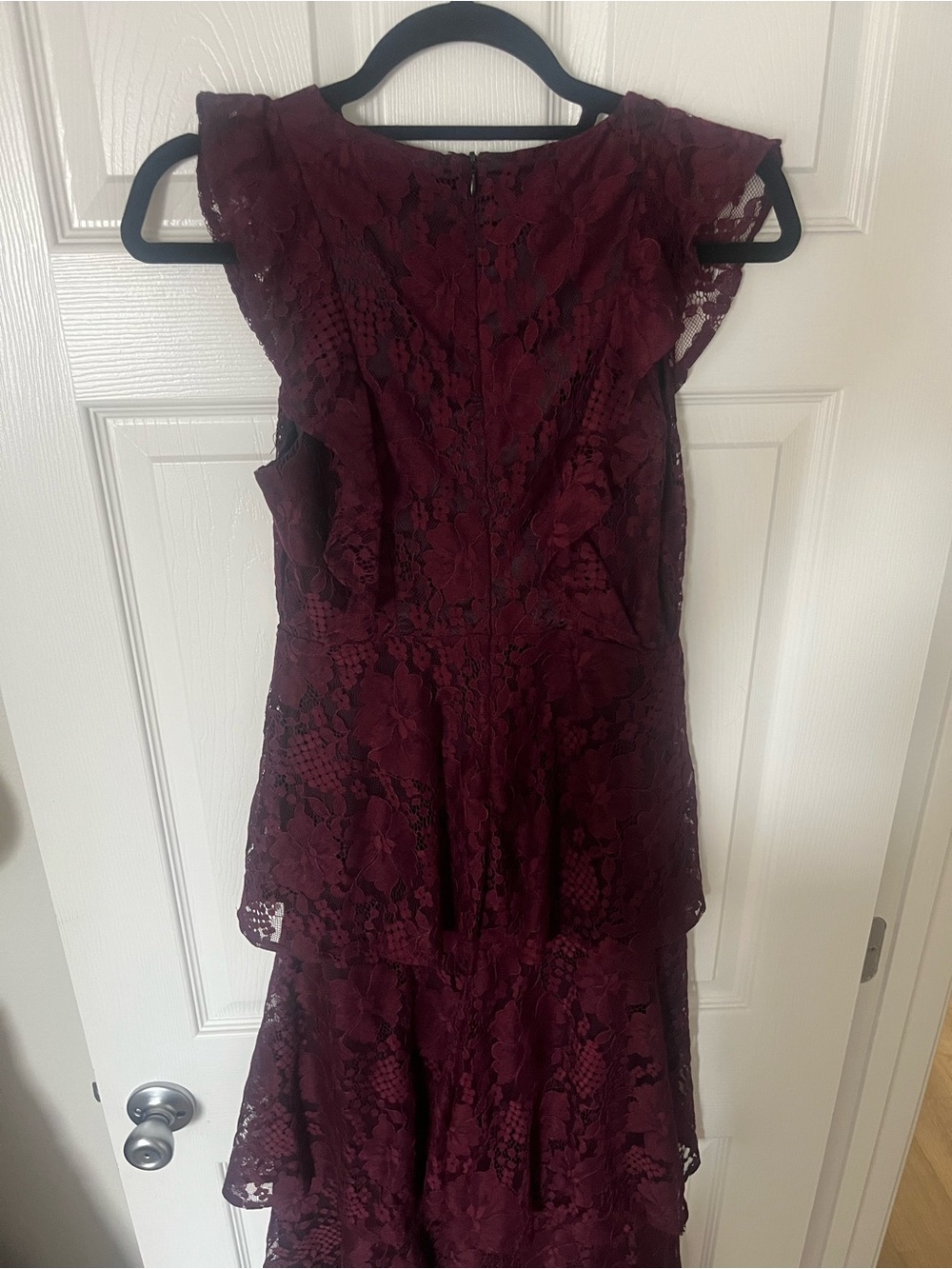 Lulu's Wine Burgundy Lace Ruffle Tiered V-Neck Maxi Dress - Picture 4 of 7